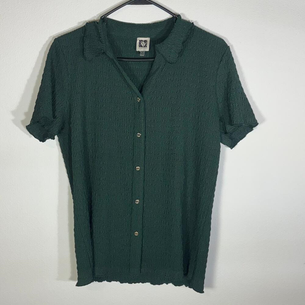 Anne Klein Women M Green Textured Crinkle Short Sleeve Button Front Shirt Blouse